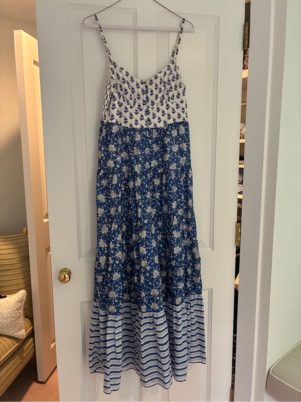 J. Crew Blue and White Floral Tiered Maxi Dress